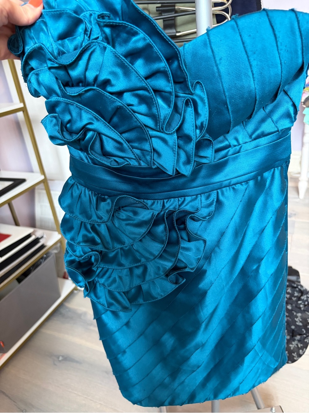 Teal Ruffle Strapless Prom Dress
